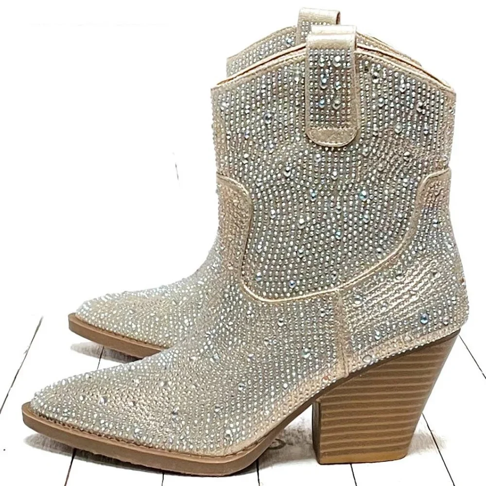 New Women Champagne Gold Blingy Rhinestone Cowboy Western Ankle Boots Booties - Picture 3 of 6